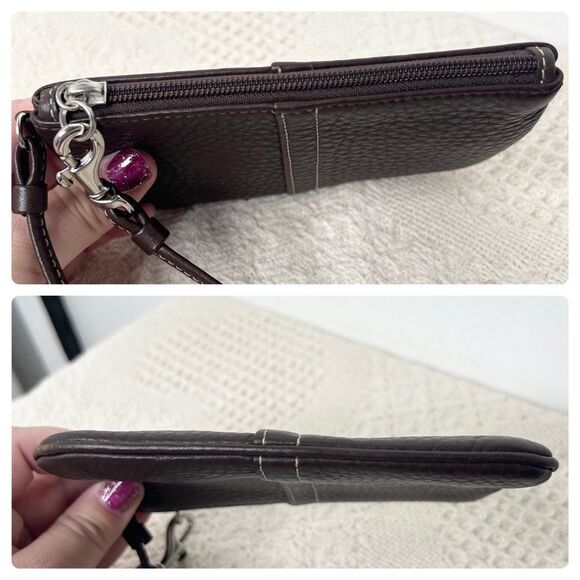 Y2K Coach Small Pebble Leather Wristlet F42389 Silver Mahogany Brown Clip Pouch - Picture 7 of 10